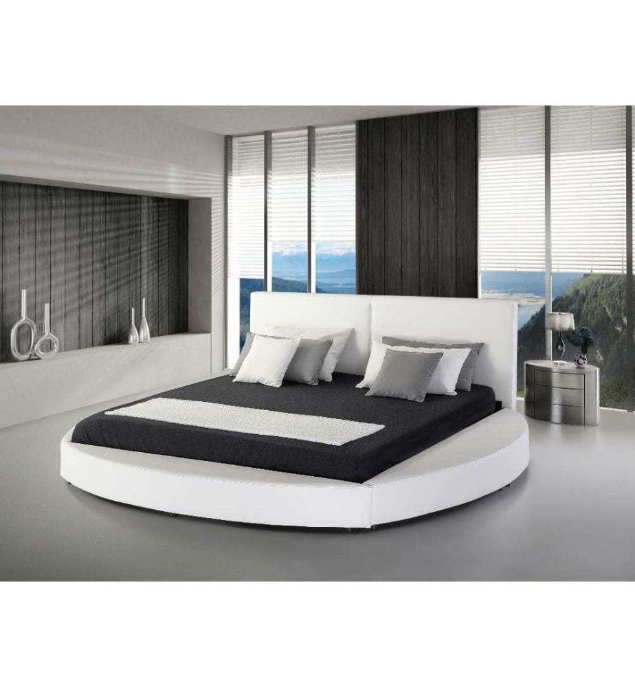 Lit Double Rond en Cuir PU Blanc 180 x 200 cm Confortable et Original pour Chambre Moderne ou Contemporaine