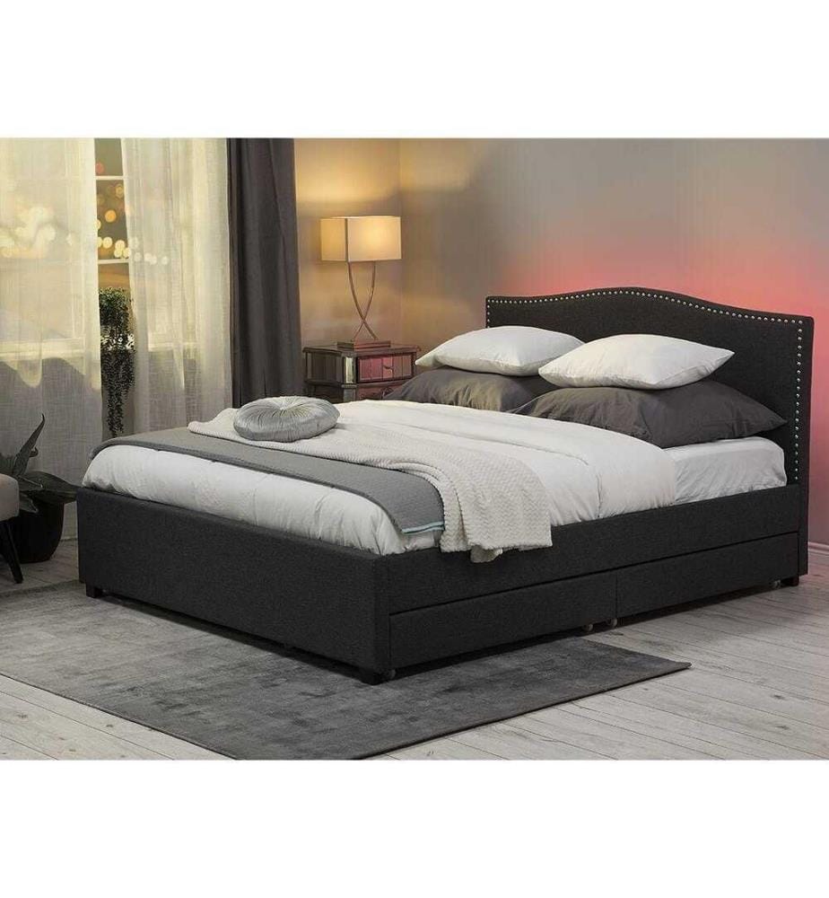 Lit Double en Tissu Gris Foncé avec Eclairage LED Multicolore 160 x 200 cm Elégant et Classique avec Rangement pour Chambre Moderne