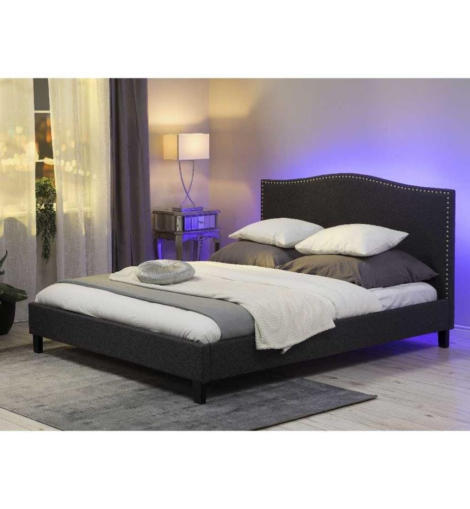 Lit Double en Tissu Gris avec Eclairage LED Multicolore 160 x 200 cm Elégant et Classique pour Chambre au Style Contemporain ou Moderne