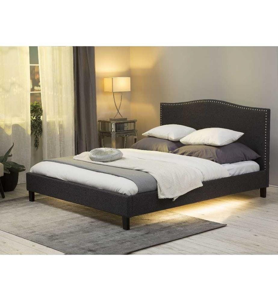 Lit Double en Tissu Gris avec Eclairage LED Blanc 180 x 200 cm Elégant Haute Tête de Lit Cloutée pour Chambre Style Traditionnel ou Moderne