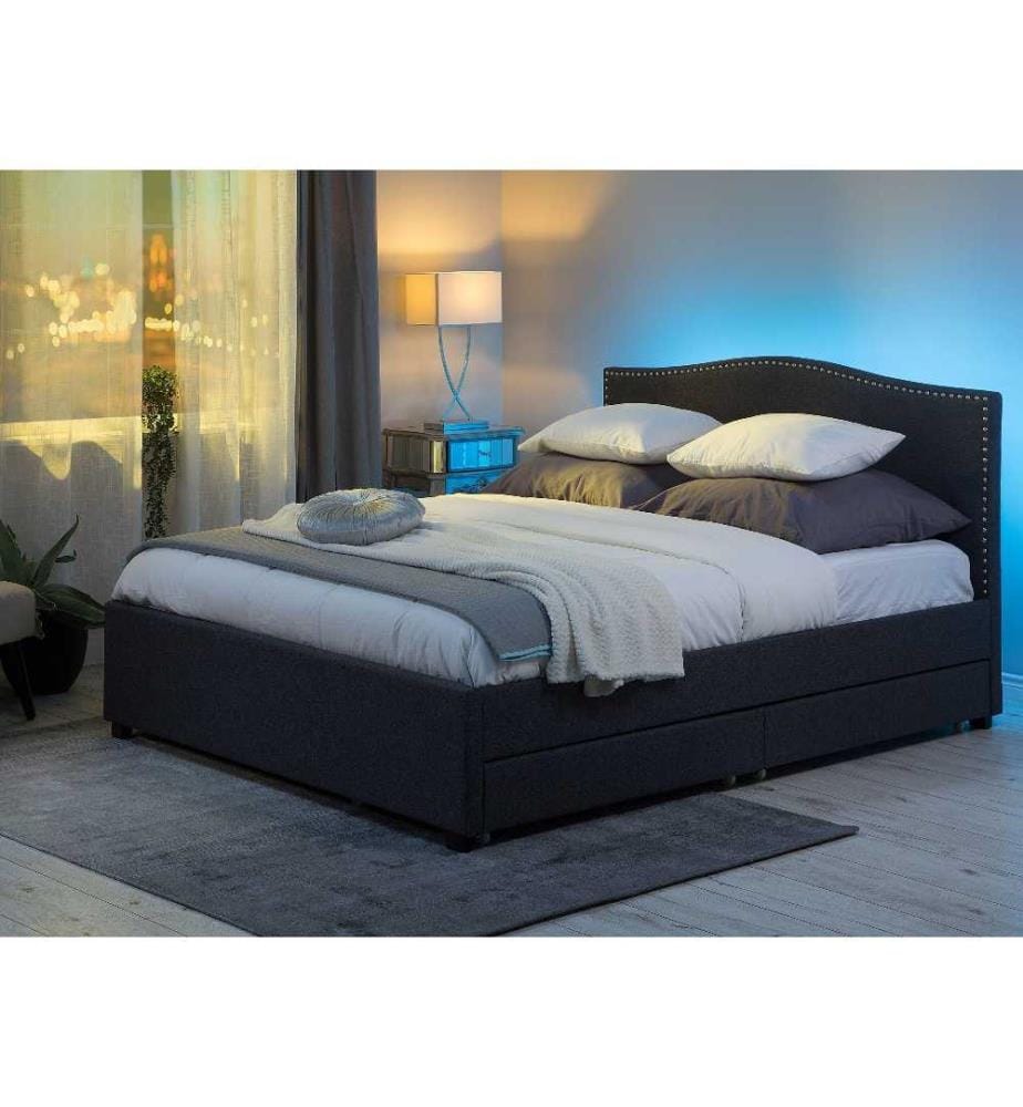 Lit Double en Tissu Gris avec Eclairage LED Multicolore 180 x 200 cm Elégant avec Espace de Rangement pour Chambre Classique ou Moderne