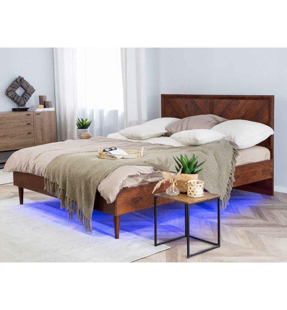 Lit Double avec Haute Tête de Lit en Bois Foncé avec LED 160 x 200 cm Rustique et Moderne pour Chambre au Style Scandinave ou Minimaliste