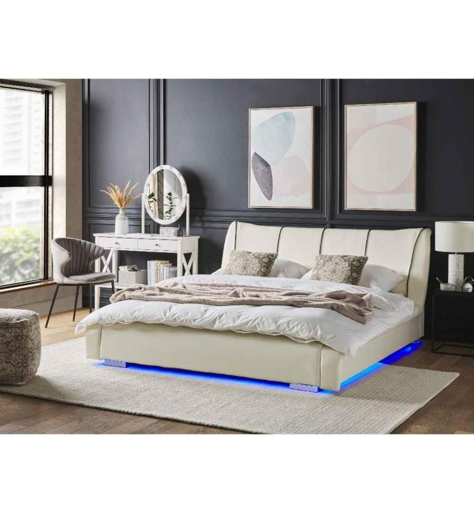 Lit Double Blanc en Cuir et Bois de Peuplier 160 x 200 cm avec LEDs Elégant et Confortable avec Sommier à Lattes au Style Moderne