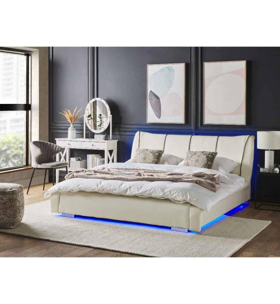 Lit Double Blanc en Cuir et Bois de Peuplier 140 x 200 cm avec LEDs Elégant et Confortable avec Sommier à Lattes au Style Moderne