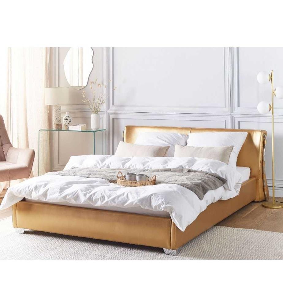 Lit Double Doré en Cuir 160 x 200 cm avec Sommier à Lattes et LEDs Élégant et Confortable pour Chambre au Style Moderne