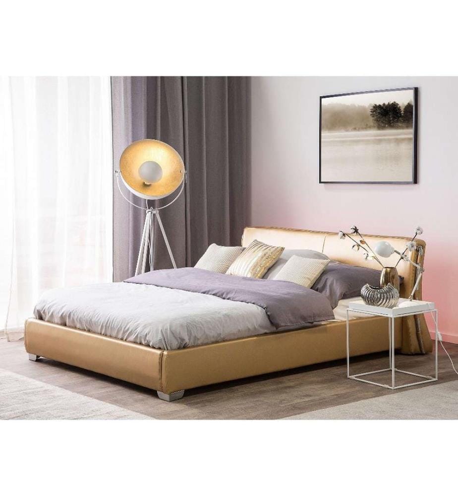 Lit Double Doré en Cuir 180 x 200 cm avec Sommier à Lattes et LEDs Élégant et Confortable pour Chambre au Style Moderne