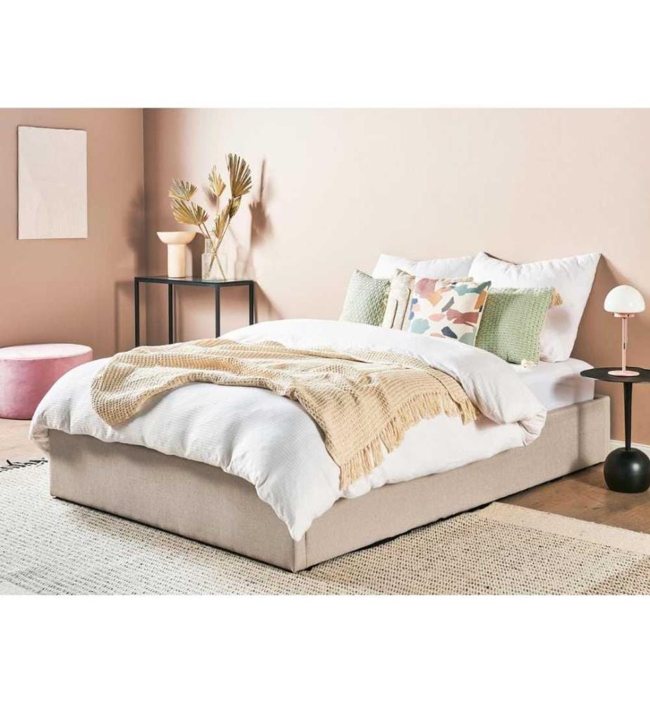 Lit Double en Tissu Beige 140 x 200 cm avec Coffre de Rangement de Style Minimaliste pour Chambre Moderne ou Contemporaine