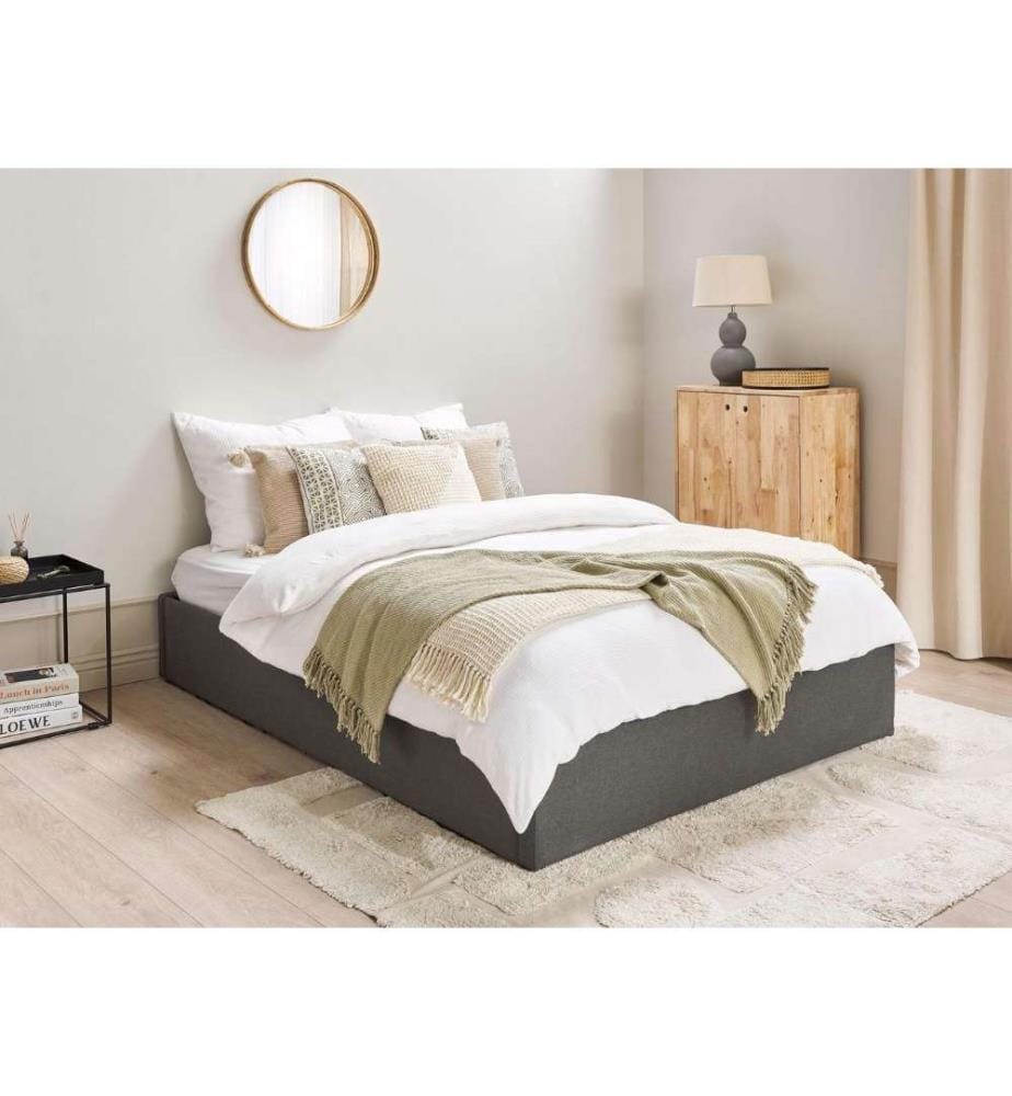 Lit Double en Tissu Gris 140 x 200 cm avec Coffre de Rangement de Style Minimaliste pour Chambre Moderne ou Contemporaine