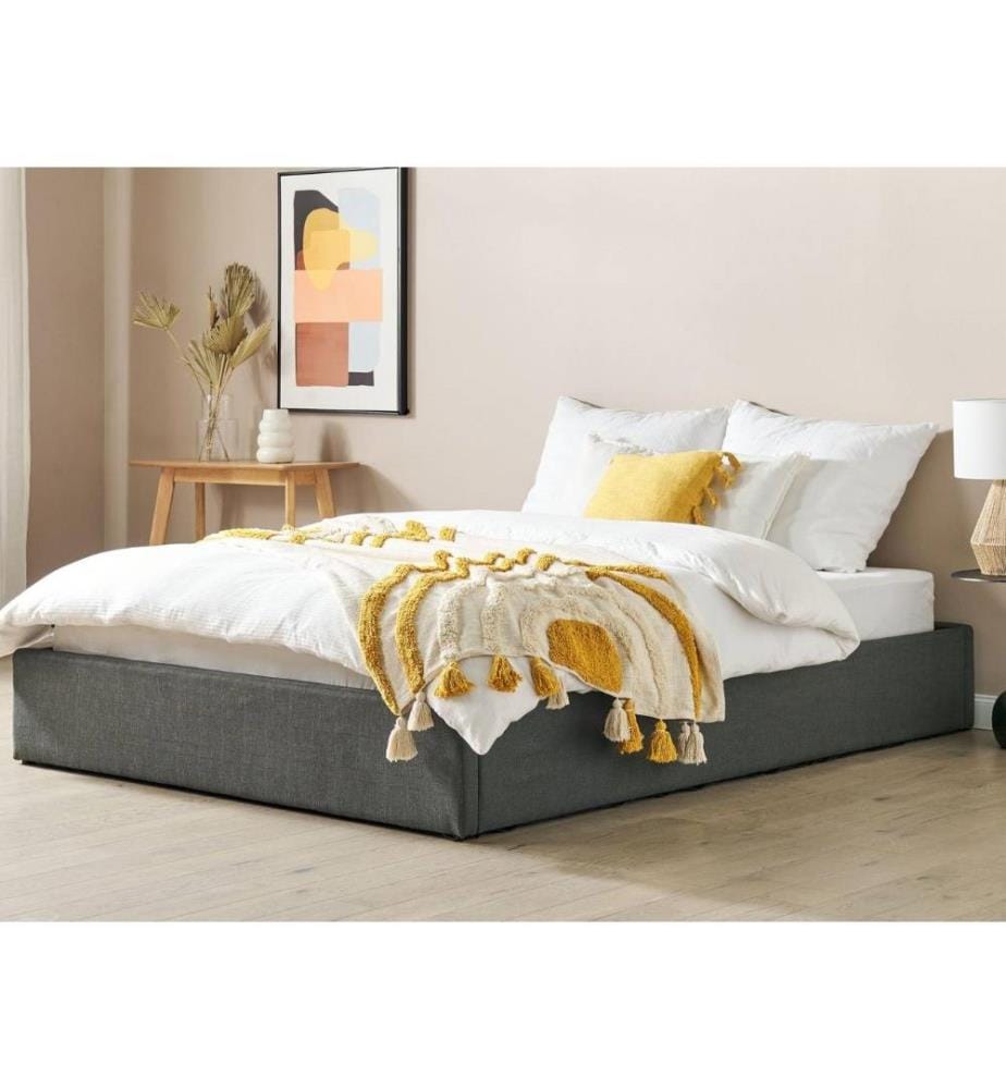 Lit Double en Tissu Gris 160 x 200 cm avec Coffre de Rangement de Style Minimaliste pour Chambre Moderne ou Contemporaine