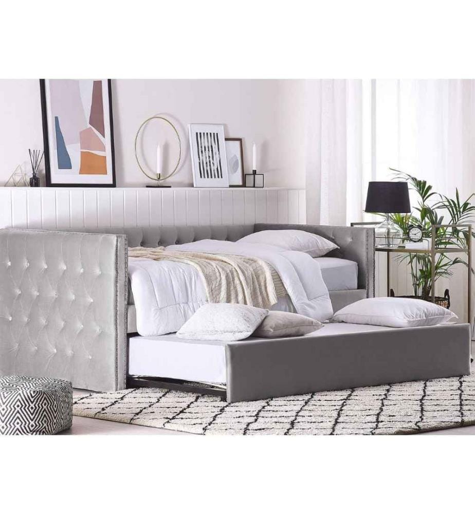 Lit Gigogne 90 x 200 cm Rembourré en Velours Gris et Capitonné au Style Glamour Idéal pour Votre Chambre à Coucher ou Chambre d'Adolescent