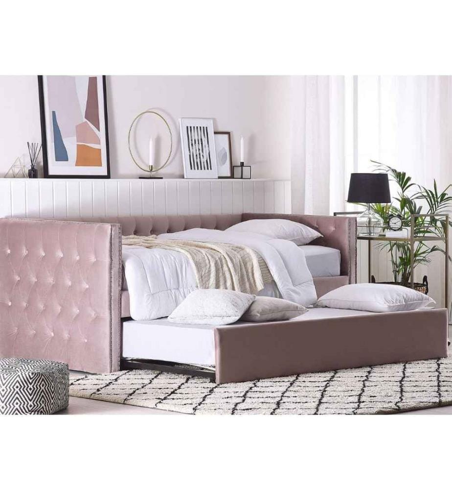 Lit Gigogne 90 x 200 cm Rembourré en Velours Rose et Capitonné au Style Glamour Idéal pour Votre Chambre à Coucher ou Chambre d'Adolescent