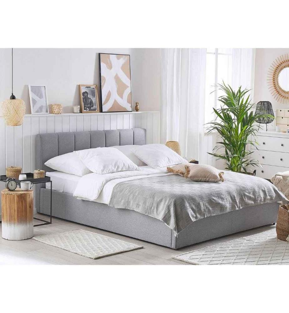 Lit Double en Tissu Gris Clair avec Coffre de Rangement 140 x 200 cm et Sommier à Lattes Haute Tête de Lit Élégante pour Chambre Moderne