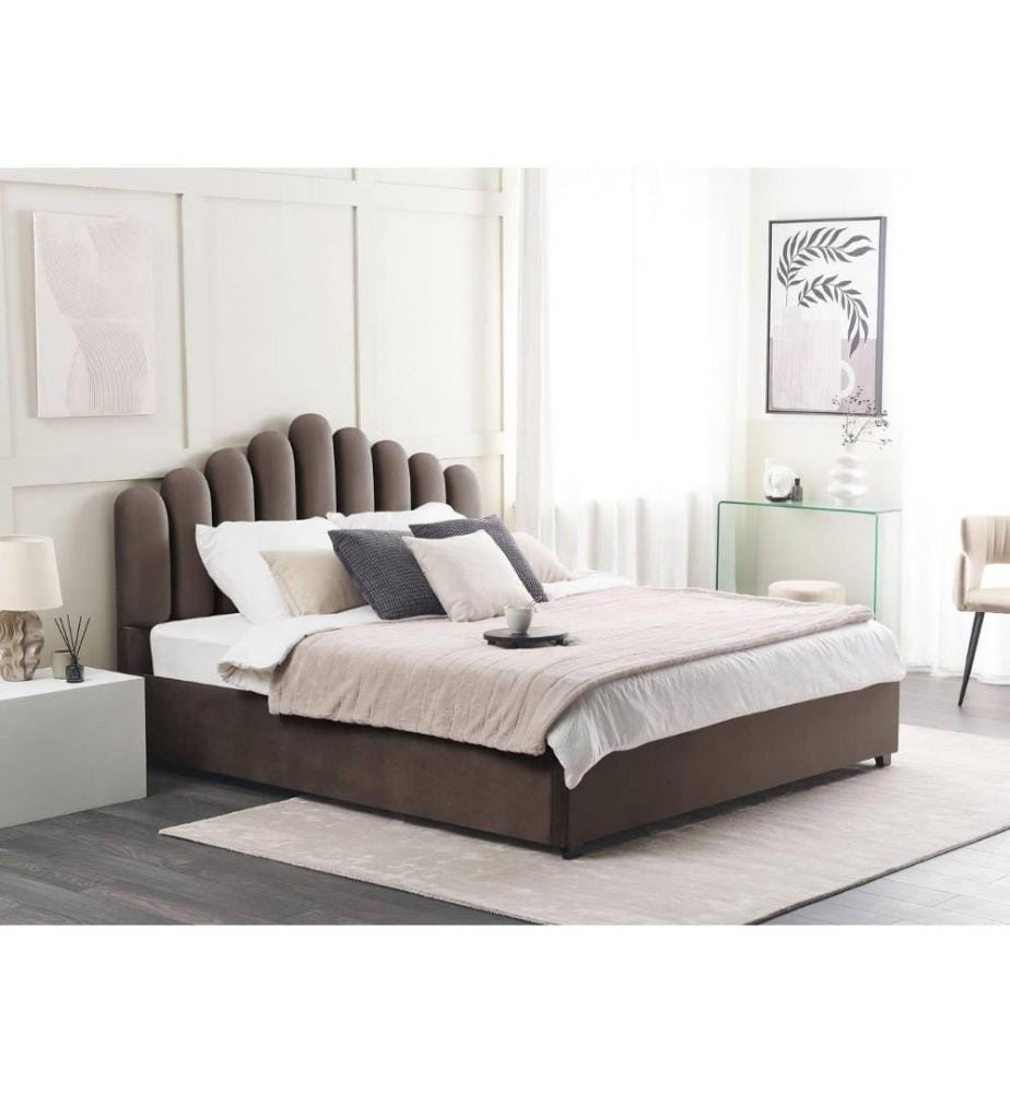 Lit Double en Velours taupe 180 x 200 cm avec tête de lit en forme coquille, rangement et sommier à lattes 180 x 200 cm