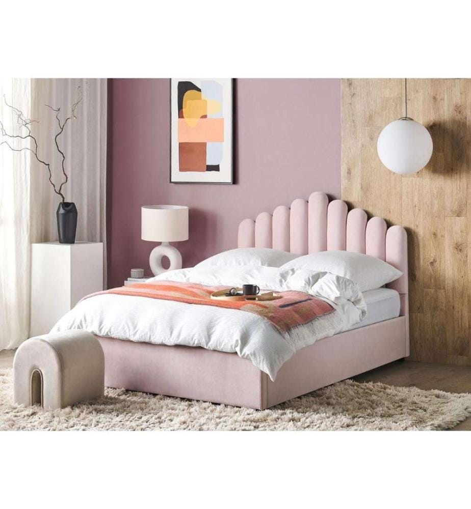 Lit Double Rose en Velours 140 x 200 cm avec Tête de Lit en Forme Coquille avec Rangement et Sommier à Lattes Glamour