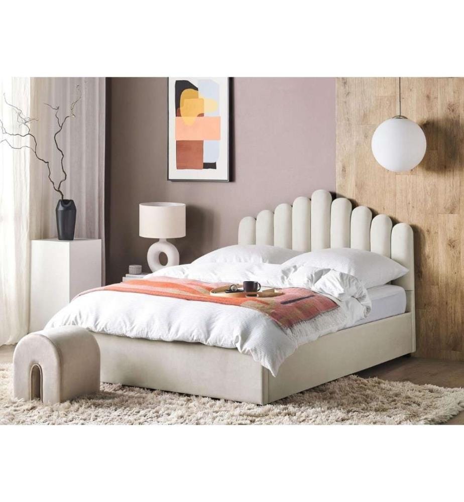 Lit Double Blanc en Velours 160 x 200 cm avec Tête de Lit en Forme Coquille avec Rangement et Sommier à Lattes Glamour