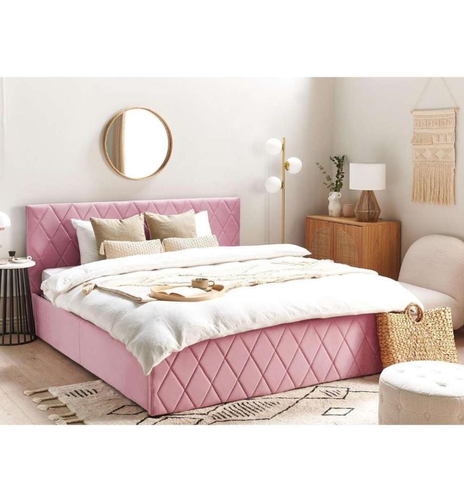 Lit Rose en Velours avec Sommier à Lattes 180 x 200 cm Tête de lit Rembourrée et Coffre Rangement Lit Double Chambre Moderne Glamour