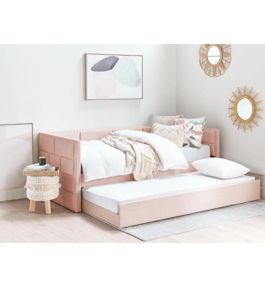 Lit de jour Rose Tissu velours avec sommier à lattes 90 x 200 cm Extensible Moderne Glamour Lit gigogne pour 2 personnes Chambre d'amis Chambre d'enfants Chambre d'adolescents