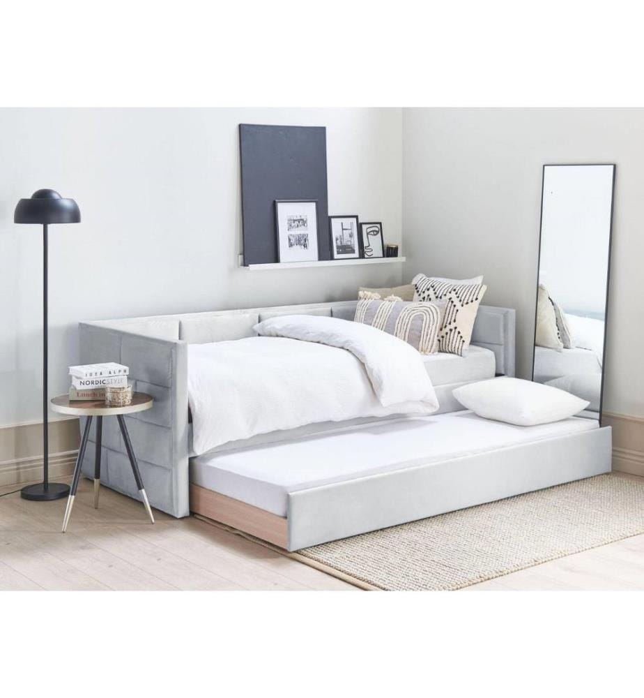 Lit de jour Gris Tissu velours avec sommier à lattes 90 x 200 cm Extensible Moderne Glamour Lit gigogne pour 2 personnes Chambre d'amis Chambre d'enfants Chambre d'adolescents