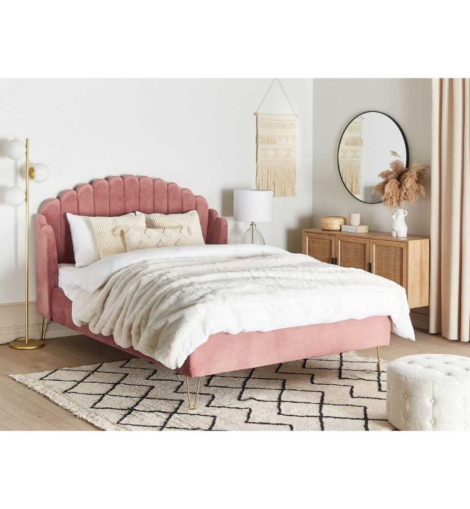Lit Double Rose en Tissu Velours avec Sommier à Lattes 140 x 200 cm avec Tête de Lit Rembourrée en Coquillage Chambre Rétro Moderne