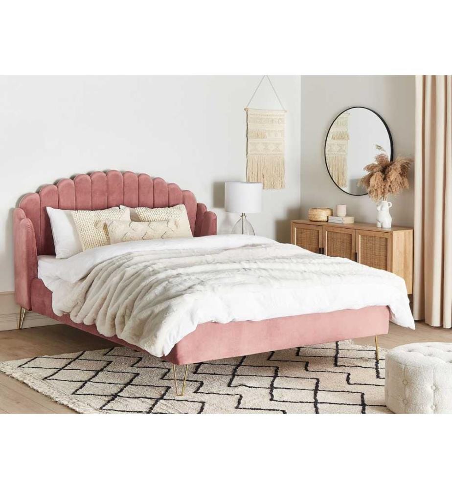 Lit Double Rose en Tissu Velours avec Sommier à Lattes 180 x 200 cm avec Tête de Lit Rembourrée en Coquillage Chambre Rétro Moderne