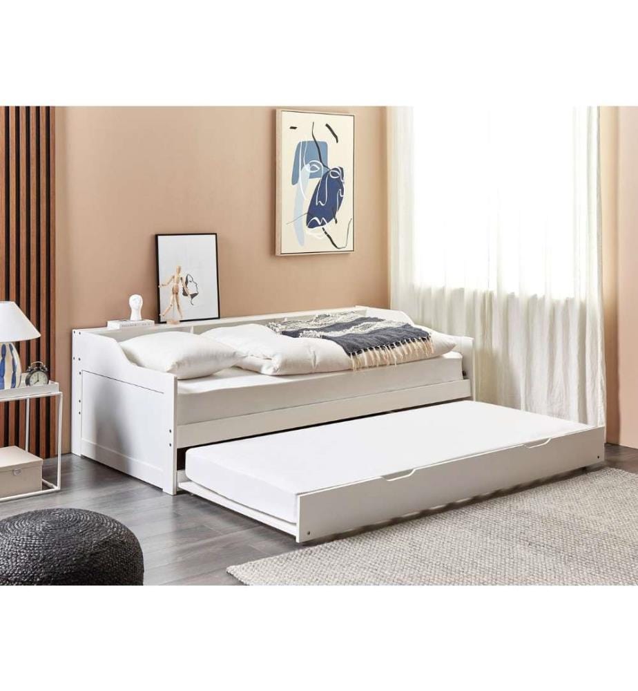 Lit Gigogne Blanc en Bois de Pin 1 Place 90 x 200 cm 2 Sommiers Extensible Cadre Amovible et Robuste pour Chambre ou Salon
