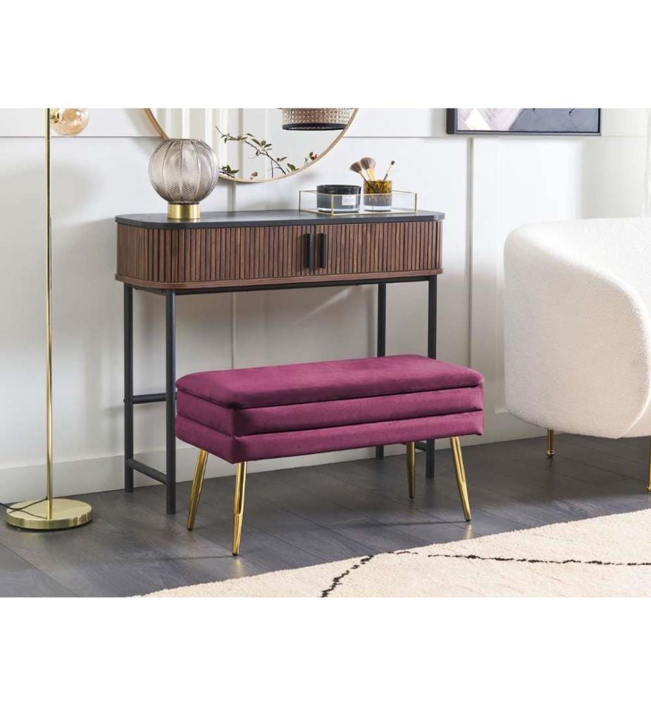 Banquette Bordeaux en Velours Design Bout de Lit avec Pieds Obliques Dorés Meuble Déco Pratique Chic et Glamour