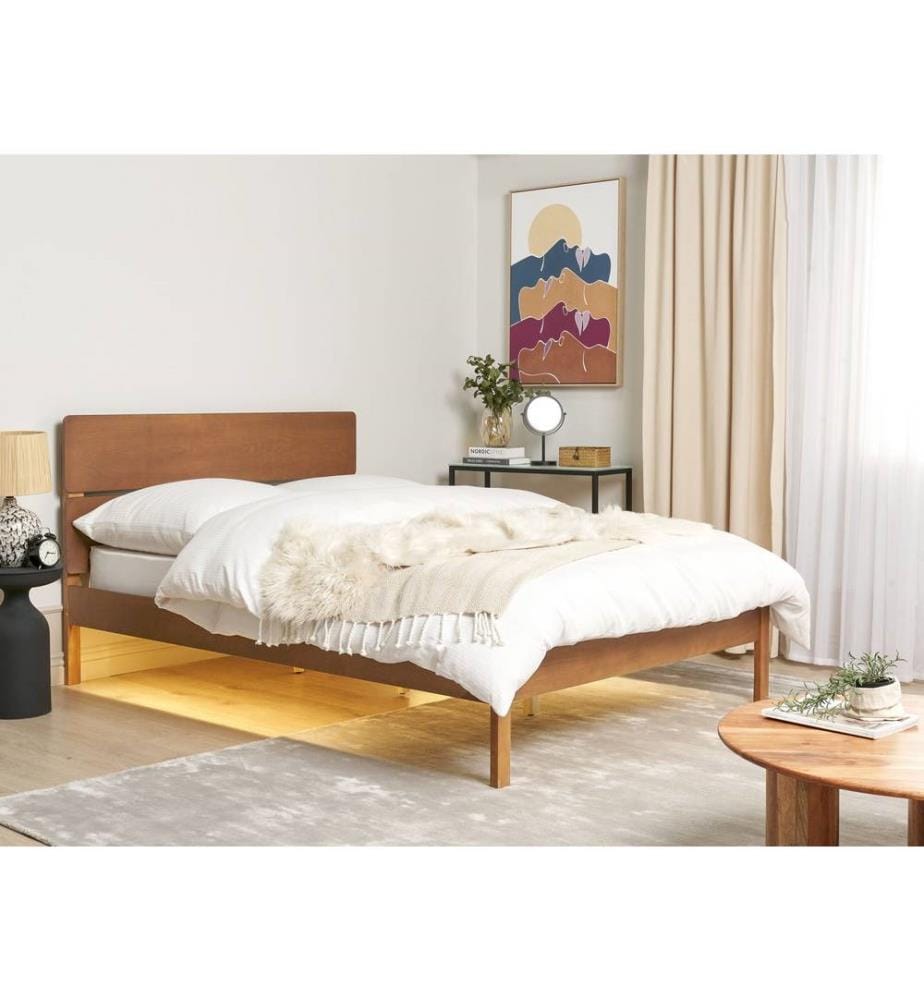 Lit Double 140 x 200 cm en Bois de Pin Naturel Tête de Lit à Barreaux au Style Moderne et Scandinave avec Sommier à Lattes