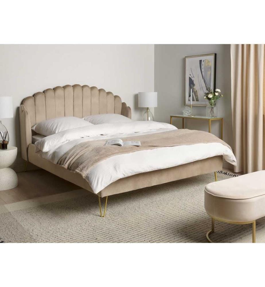 Lit Double Gris en Tissu Velours avec Sommier à Lattes 160 x 200 cm avec Tête de Lit Rembourrée en Coquillage Chambre Rétro Moderne