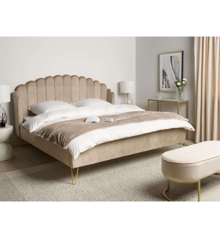 Lit Double Gris en Tissu Velours avec Sommier à Lattes 180 x 200 cm avec Tête de Lit Rembourrée en Coquillage Chambre Rétro Moderne