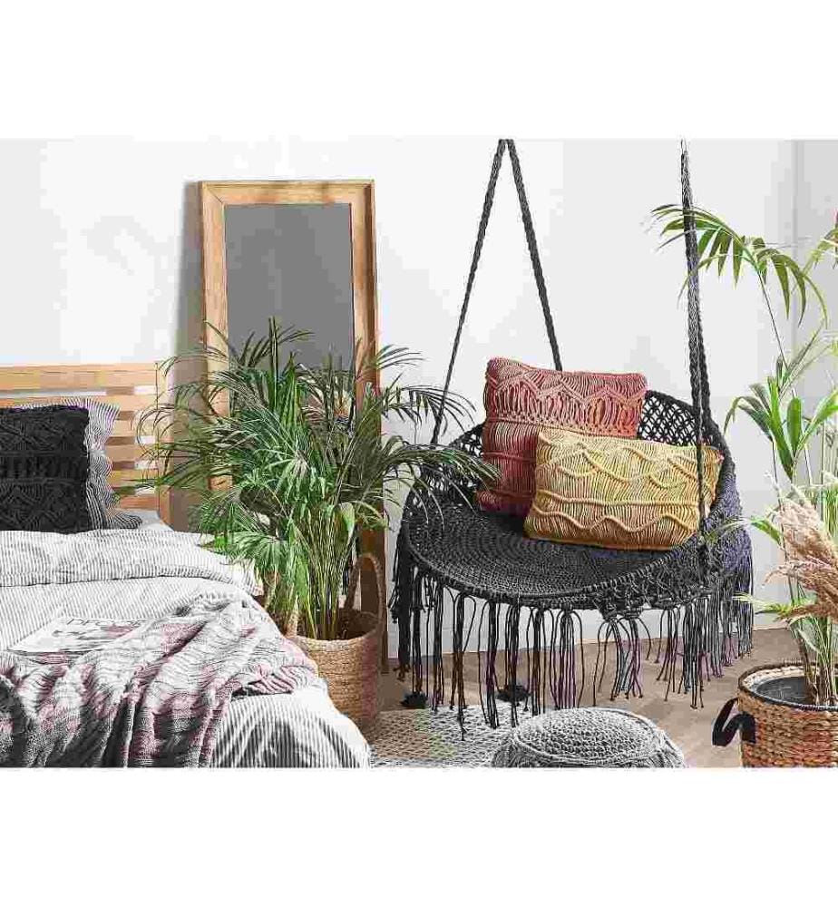 Chaise Suspendue de Type Balançoire pour Extérieur et Intérieur en Bois et Coton Noir à Franges Design Bohème pour Salon ou Jardin