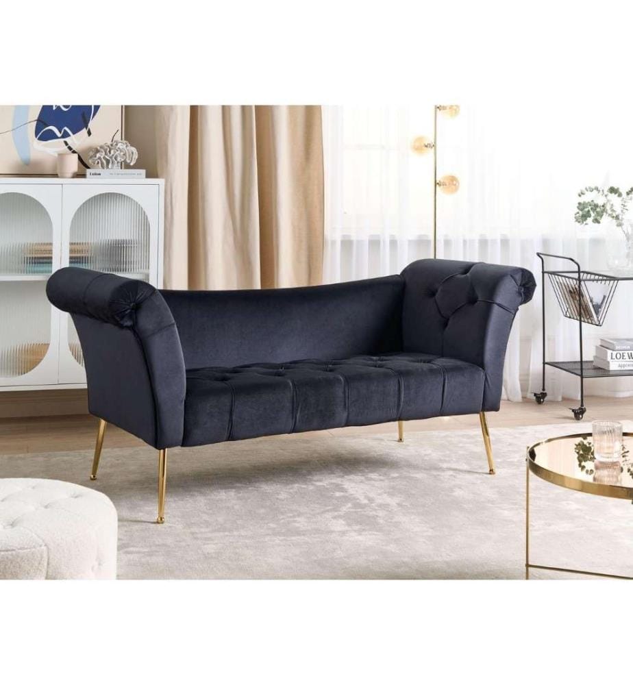 Chaise Longue en Velours Noir et Pieds Dorés Deux Places Banquette Capitonnée Idéale pour Chambre ou Salon Glamour Élégant