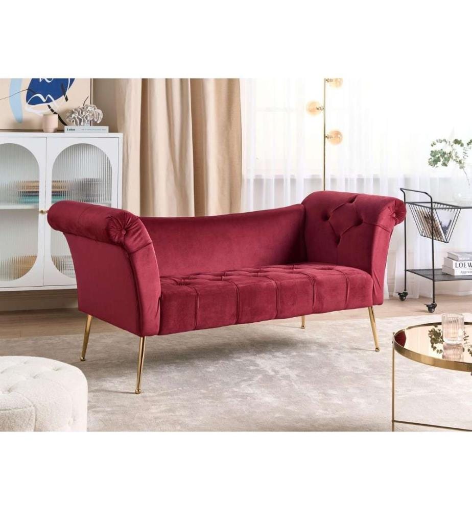 Chaise Longue en Velours Rouge Foncé et Pieds Dorés Deux Places Banquette Capitonnée Idéale pour Chambre ou Salon Glamour Élégant