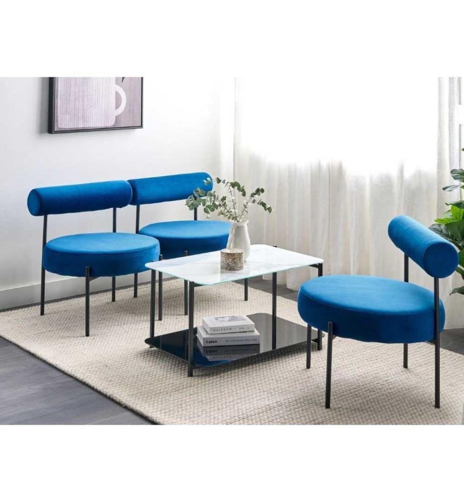 Fauteuil Design Bleu Marine en Velours sans Accoudoirs à Dossier en Tube Rembourré Style Rétro Vintage Piètement Métallique