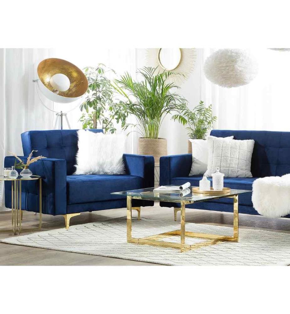 Fauteuil à Dossier Inclinable en Velours Bleu Foncé Pieds Dorés pour Salon au Design Moderne et Glamour Chic