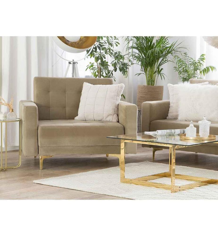 Fauteuil à Dossier Inclinable en Velours Beige Pieds Dorés pour Salon au Design Moderne et Glamour Chic