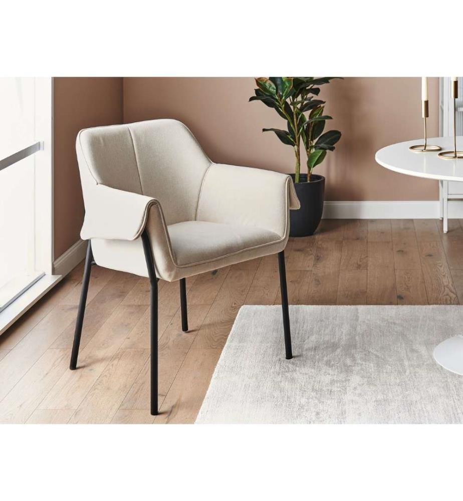Fauteuil Tissu crème avec accoudoirs Pieds métalliques noirs Design moderne et rétro Salon Equipement de siège Fauteuil rembourré