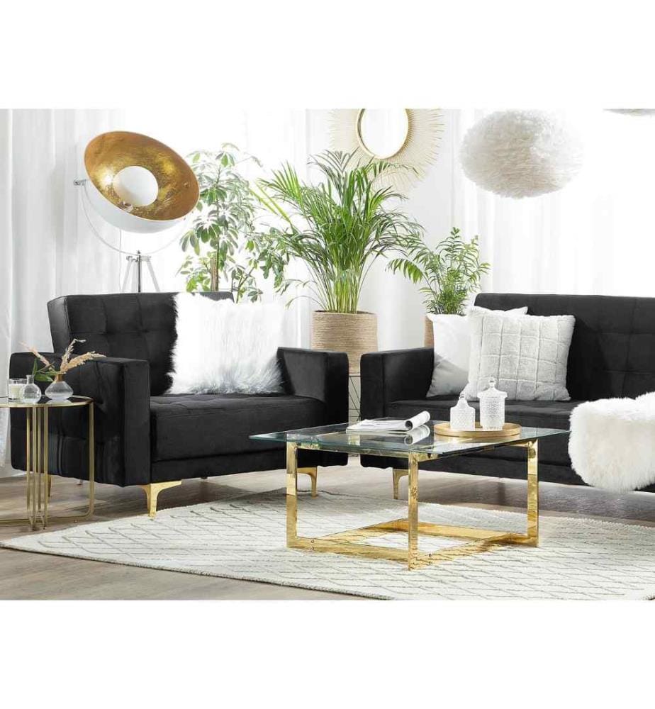 Fauteuil Noir en Velours à Dossier Inclinable Capitonné et Pieds Dorés pour Salon au Design Moderne et Glamour Chic