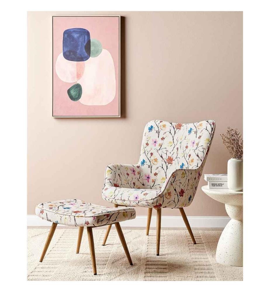 Fauteuil Tapissé en Tissu Blanc Moti Floral avec Repose-pied Design Scandinave et Confort Optimal pour Salon ou Coin Lecture