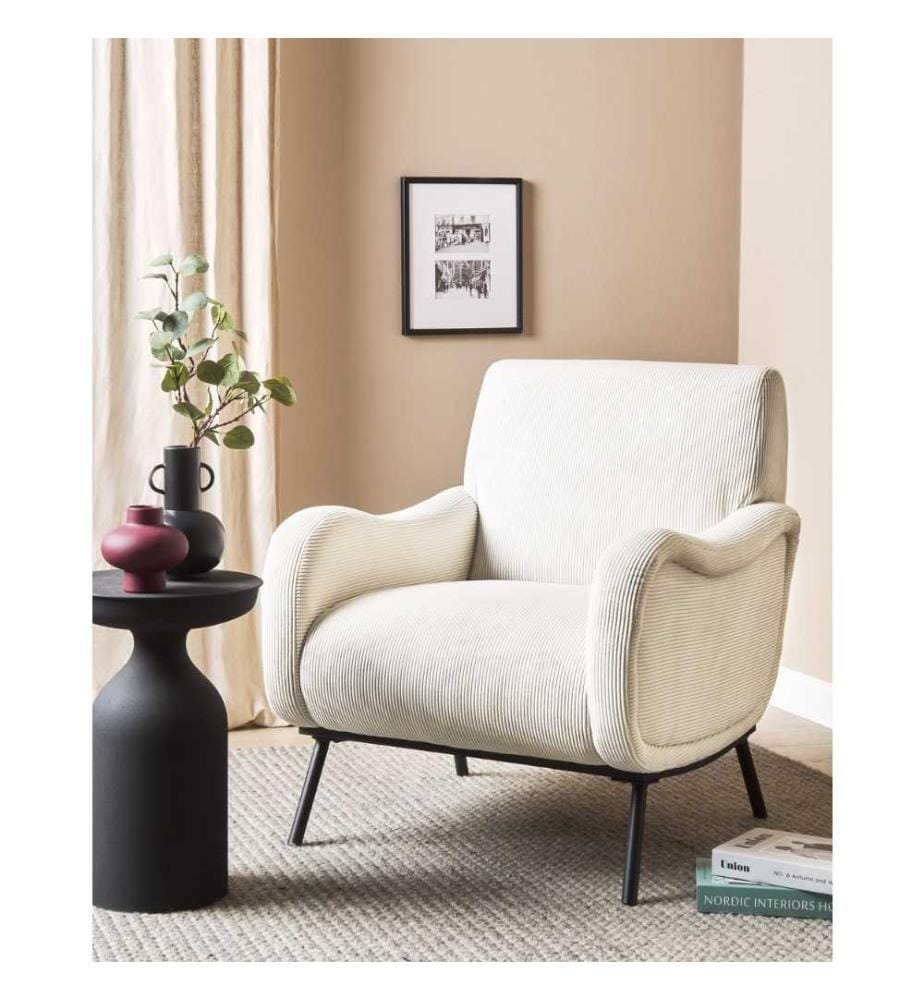 Fauteuil rétro en velours côtelé avec dossier bas crème salon chambre à coucher