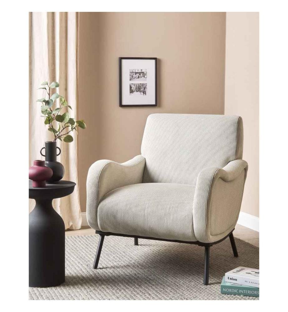 Fauteuil rétro en velours côtelé avec dossier bas gris clair salon chambre à coucher