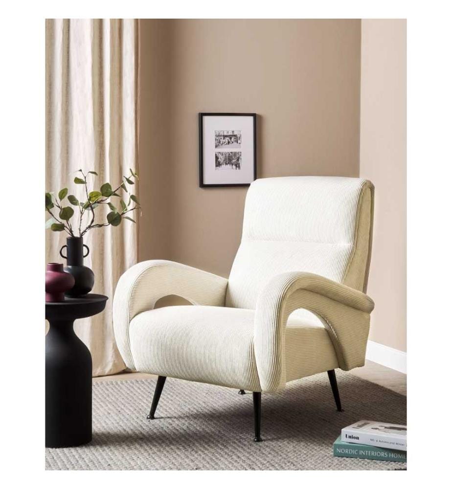 Fauteuil rétro en velours côtelé avec dossier bas crème salon chambre à coucher