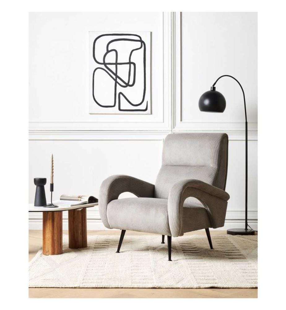 Fauteuil rétro en velours côtelé avec dossier bas gris salon chambre à coucher