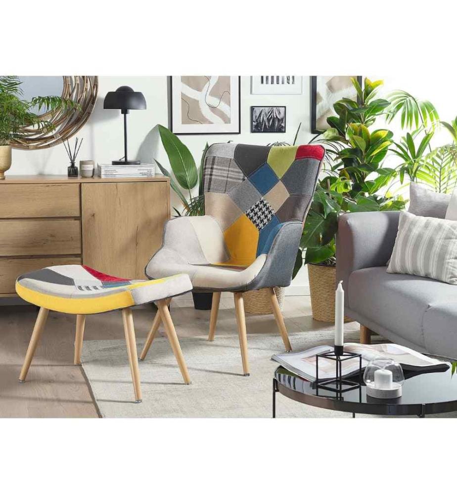 Fauteuil Patchwork avec Repose-pied Design Rétro Scandinave pour Salon ou Coin Lecture