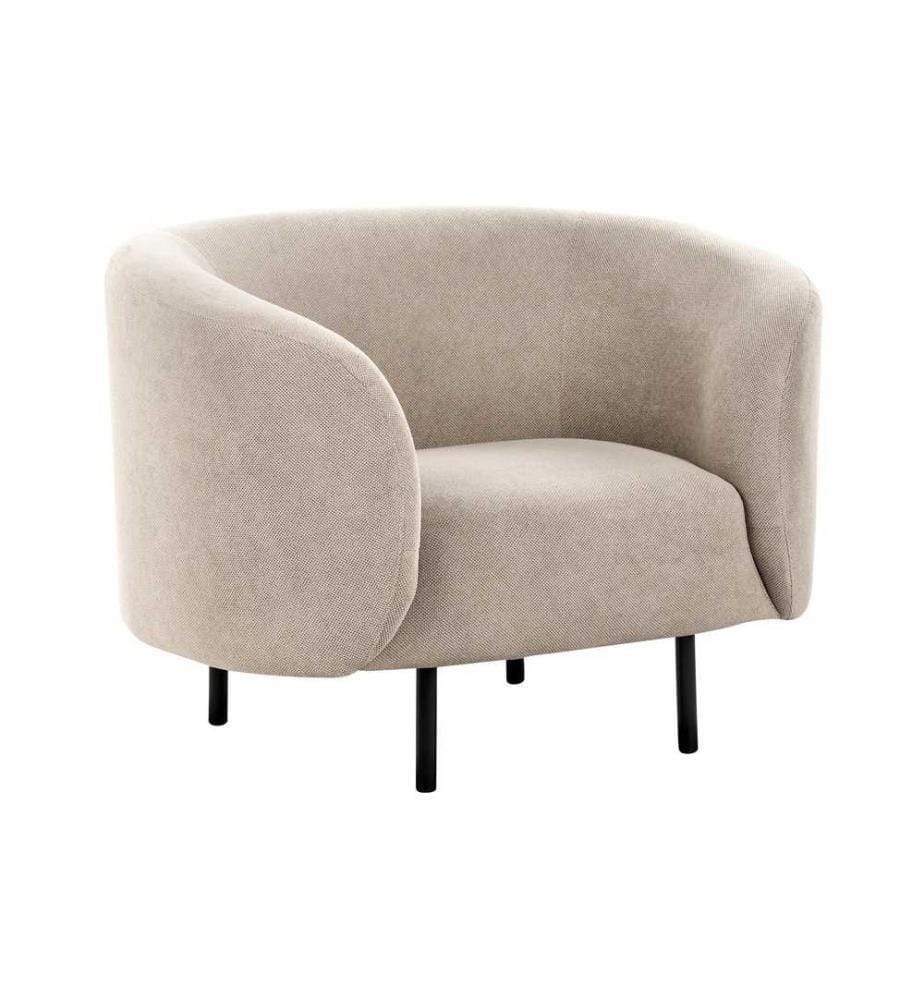 Fauteuil Taupe en Tissu Polyester Texture Souple Design Incurvé Pieds en Métal Noir Siège Design Art Déco Moderne