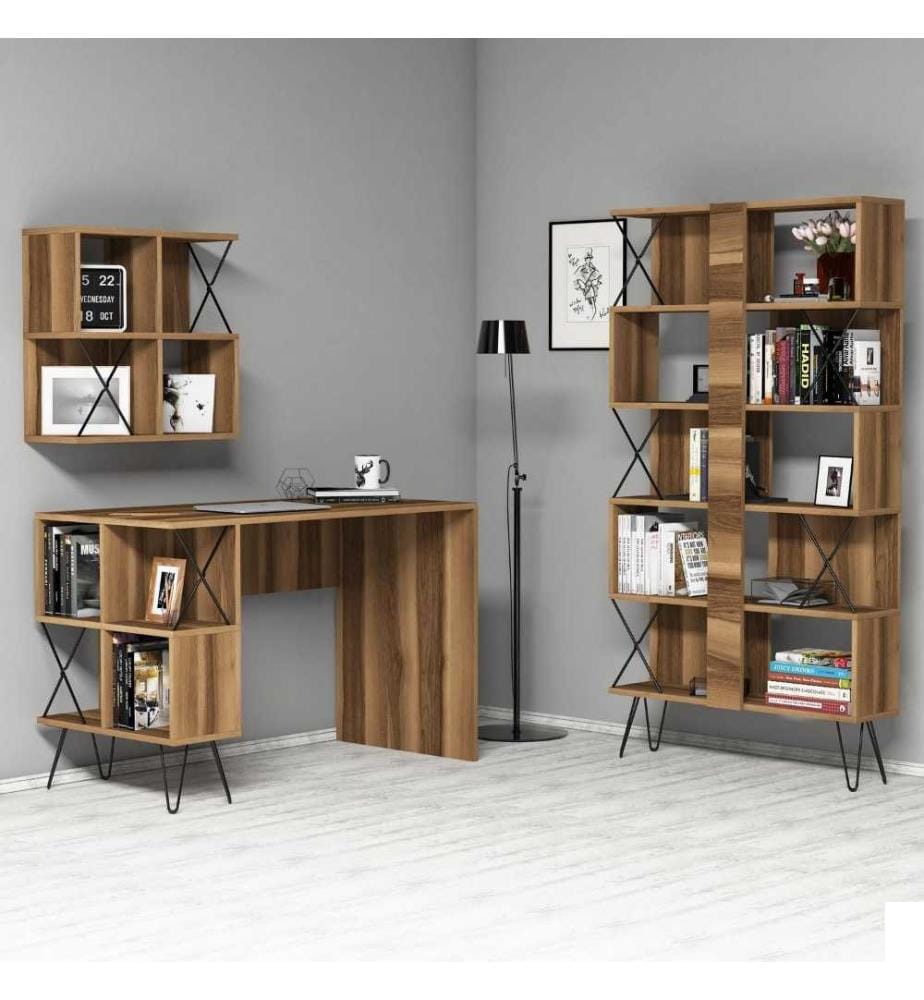 Bureau d'étude et étagère, noyer, noir, panneau de particules mélaminé