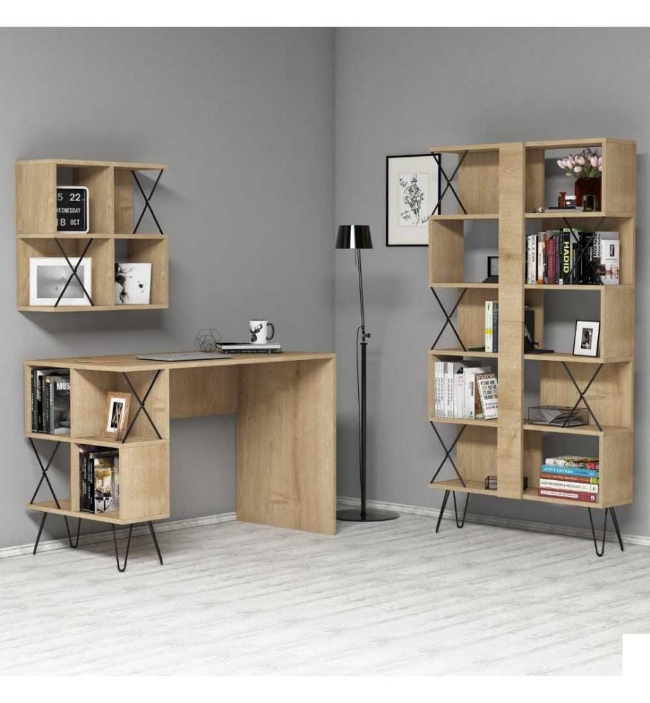 Bureau d'étude et étagère, chêne, noir, panneau de particules mélaminé