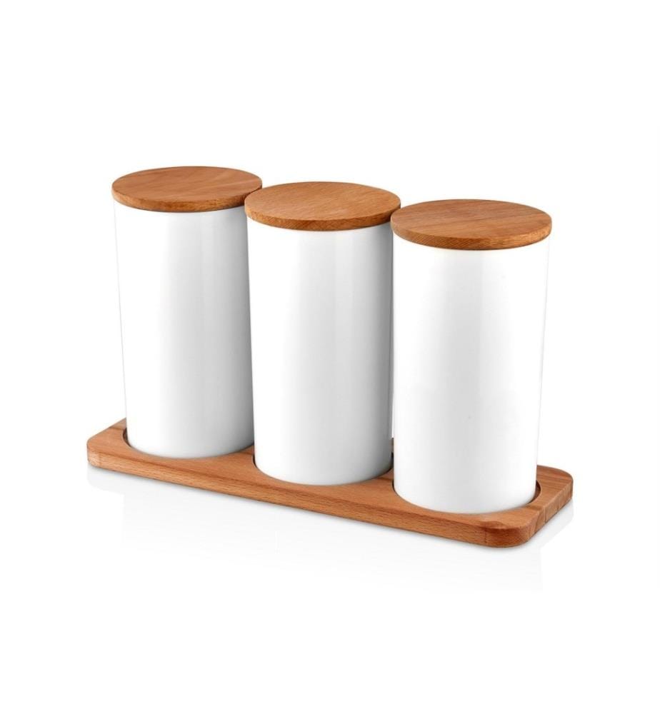 Set de bocaux, 7 pièces, en bois, blanc, bocal en plastique, support en bois
