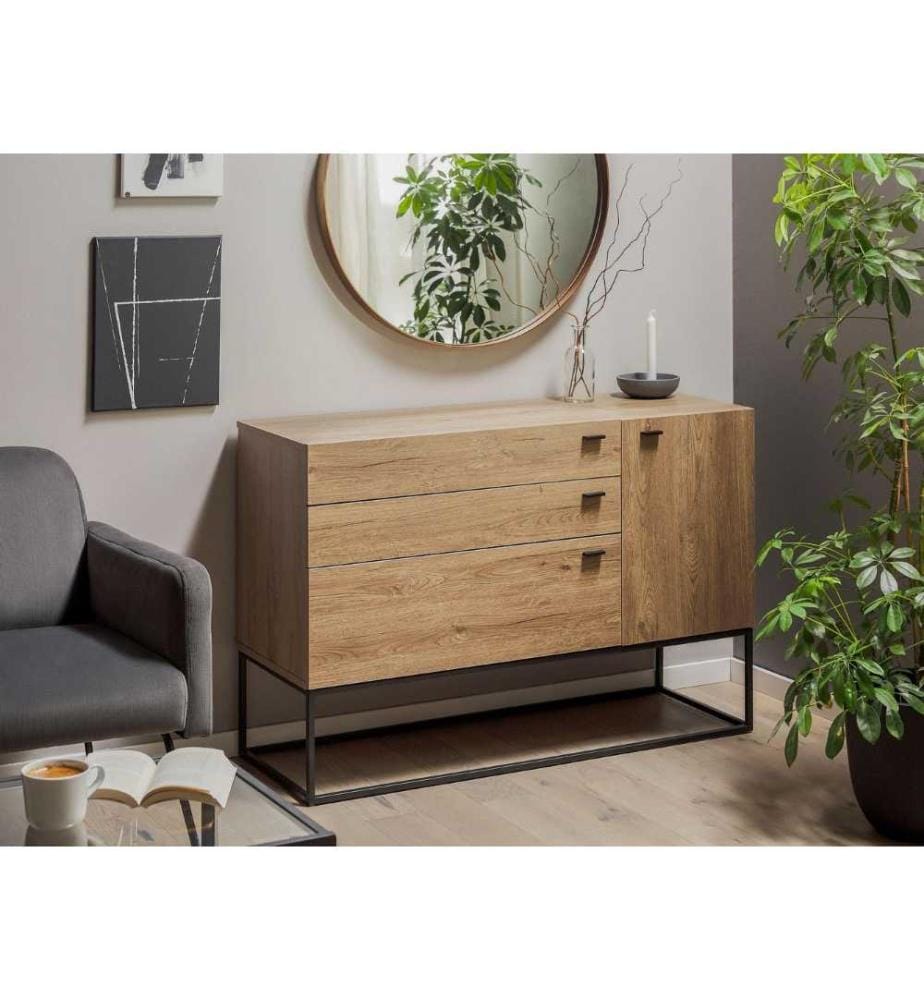 Commode au Style Industriel composé de 3 Tiroirs et d'une Porte en Imitation Bois Clair Support en Métal Noir 79 cm de Hauteur