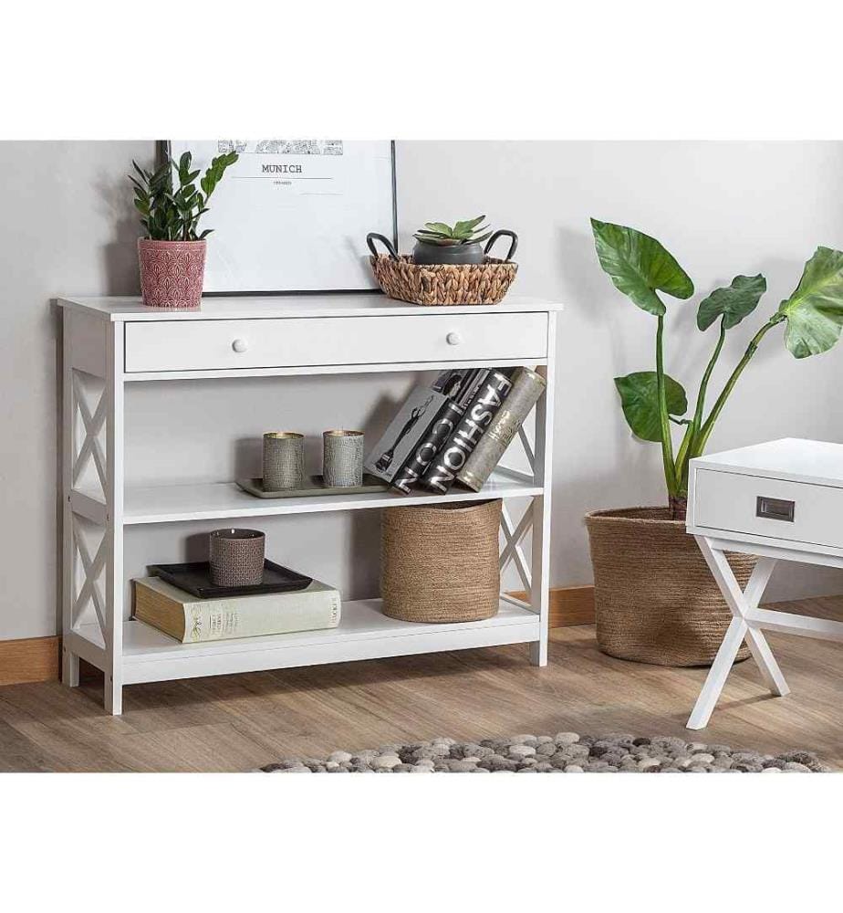 Table Console Blanche en MDF avec Tiroir et 2 Etagères de Style Moderne pour Intérieur Scandinave ou Classique
