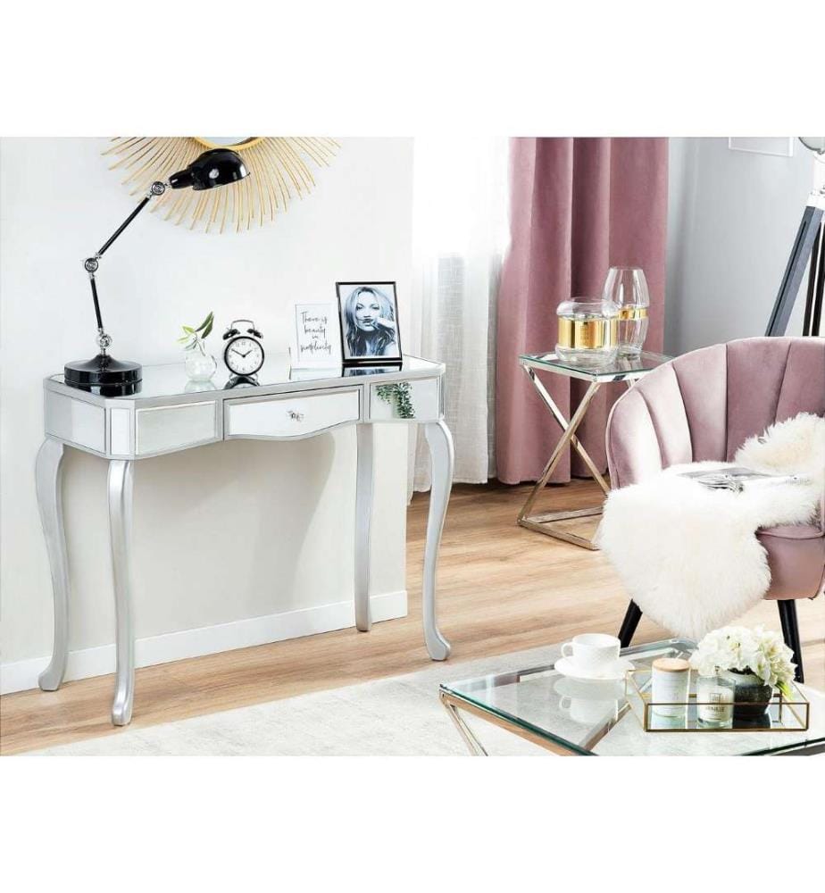 Table Coiffeuse Argentée Effet Miroir en Verre et MDF Console avec Tiroir de Style Classique pour Intérieur Glamour, Vintage ou Moderne